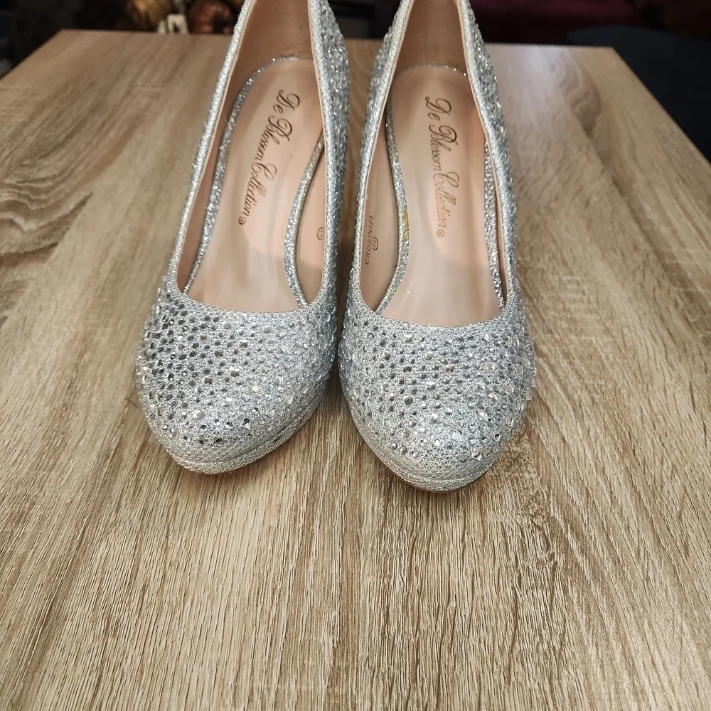 De Blossom Collection silver rhinestone platform high heels